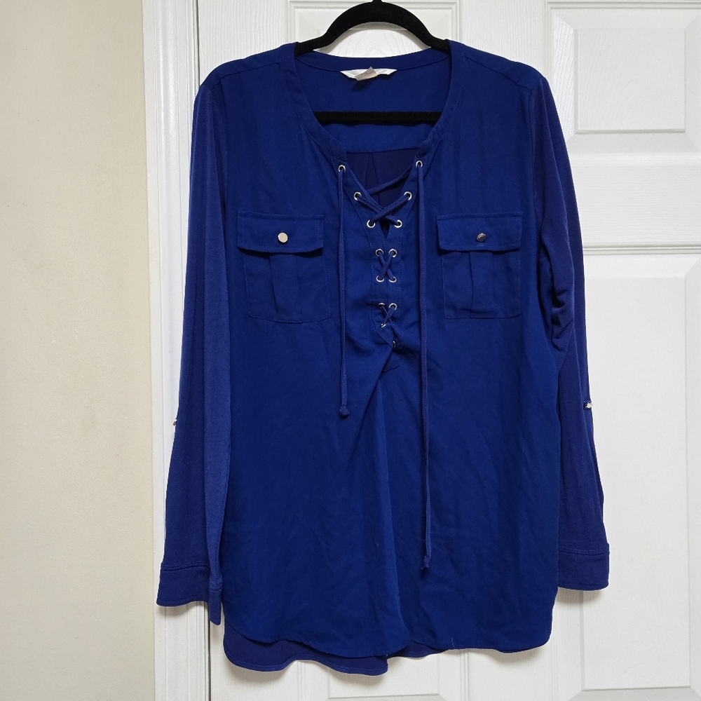 Womens Blue Lace Up Chiffon Blouse Long Sleeve Size Large